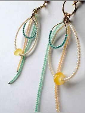 Gold Hoop Earrings with Yellow Focal Beads and Mint Bead Strands